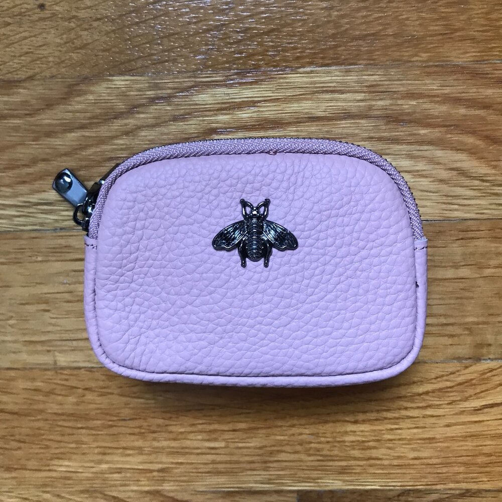 Pink Grainy Genuine Leather Coin Purse ID Holder with Bee